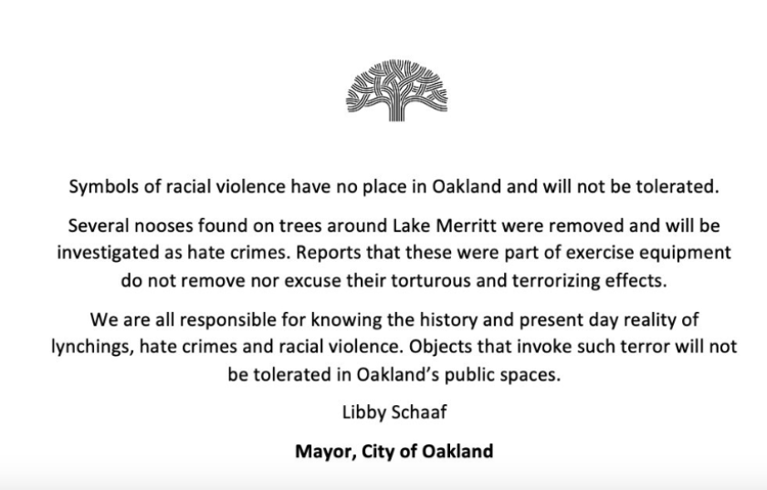 Oakland Mayor Libby Schaaf issued this statement Wednesday.