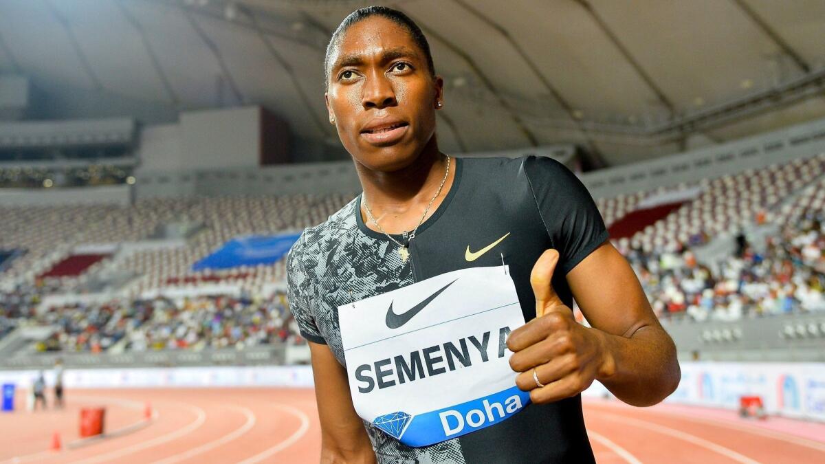 Caster Semenya celebrates after winning the women's 800-meter race during the IAAF Diamond League meeting May 3 in Doha, Qatar.