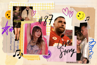 A collage of photos of Taylor Swift and Travis Kelce with doodles
