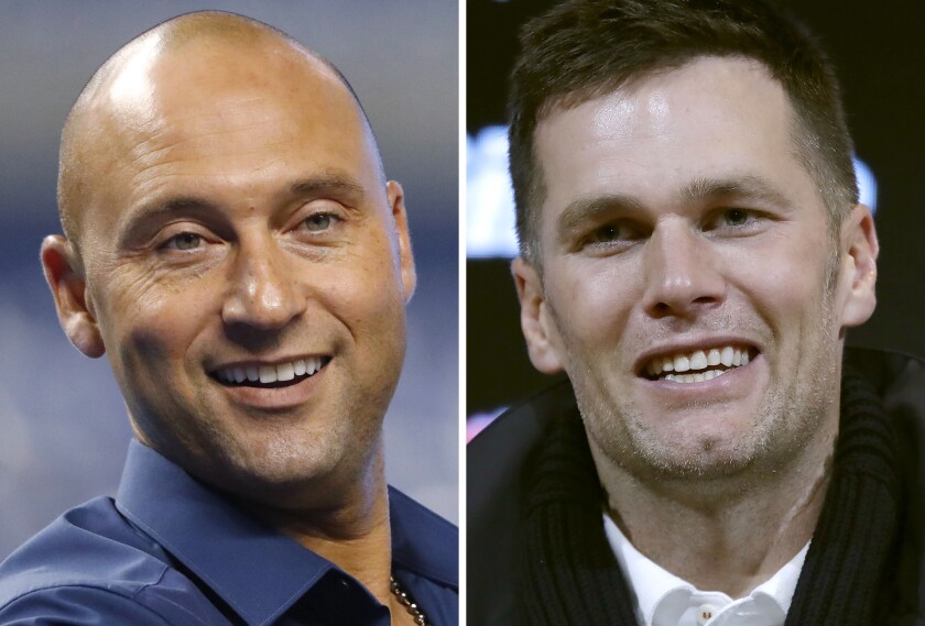 FILE - These are 2019 file photos showing Derek Jeter, left, and Tom Brady. Former New York Yankee superstar Derek Jeter has sold his waterfront mansion in Tampa for $22.5 million — meaning Tom Brady might be headed to new rental digs. The seven-bedroom, eight-bath estate was sold on Friday, May 14, 2021, said Smith & Associates, the real estate firm that handled the transaction. Brady has been renting the mansion since April 2020. (AP Photo/File)