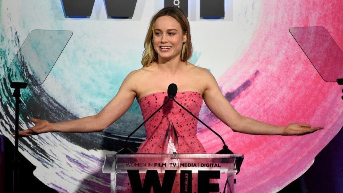 Brie Larson accepts the Crystal award for excellence in film Wednesday at Women in Film's Crystal + Lucy Awards at the Beverly Hilton Hotel.