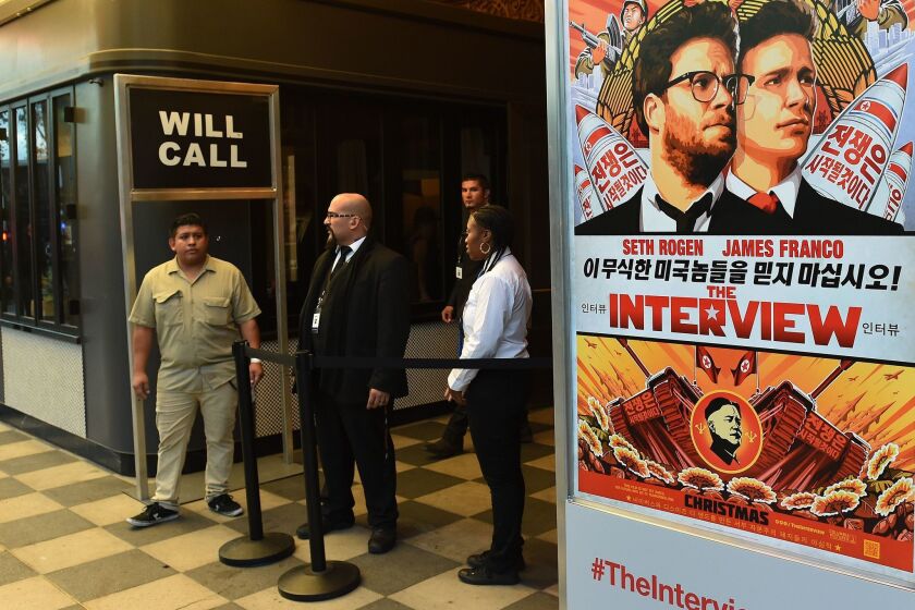 Security is seen outside The Theatre at Ace Hotel before the Los Angeles premiere of "The Interview" on Dec. 11.