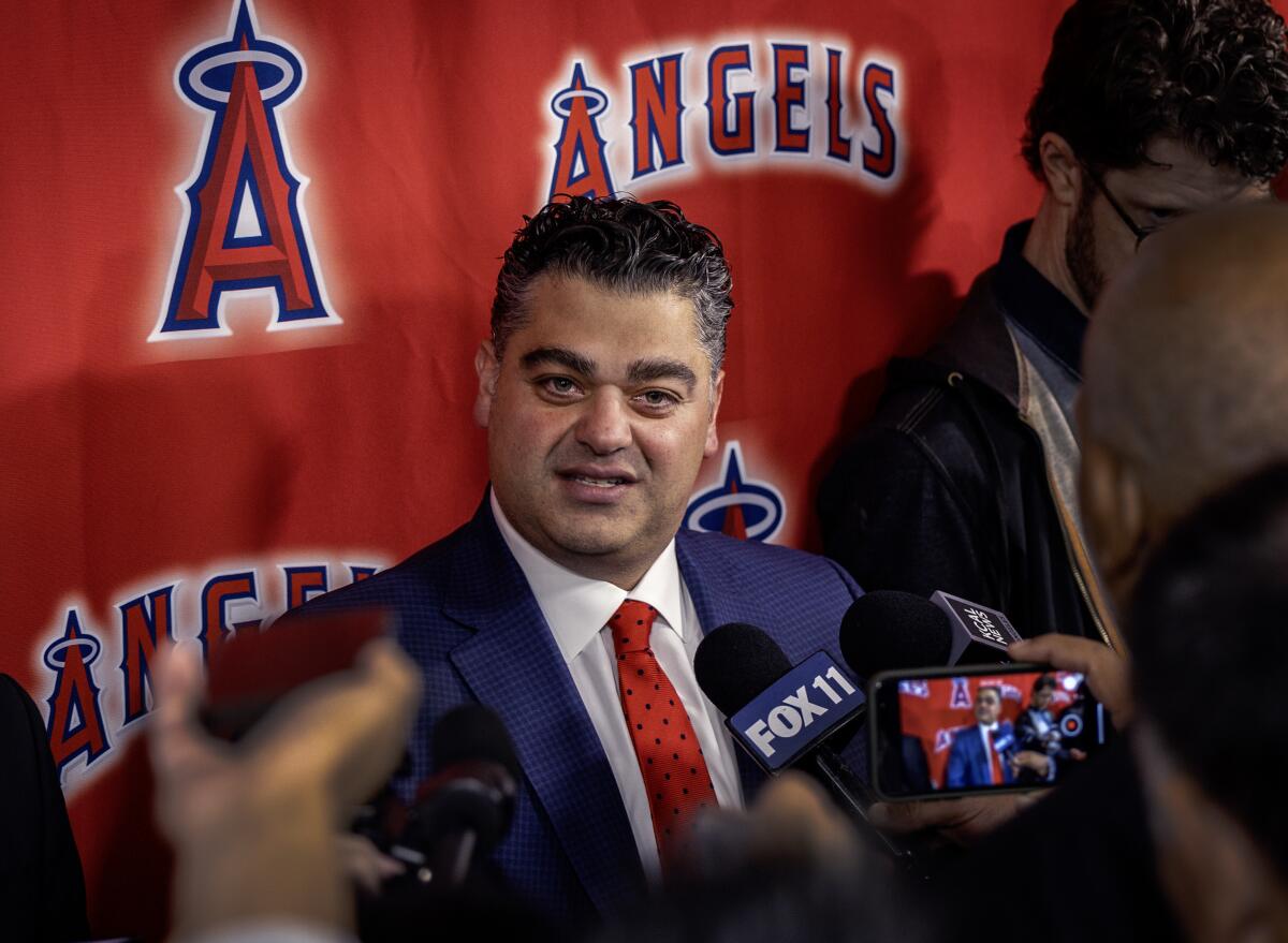 Angels general manager Perry Minasian speaks during a news conference on Nov. 15.