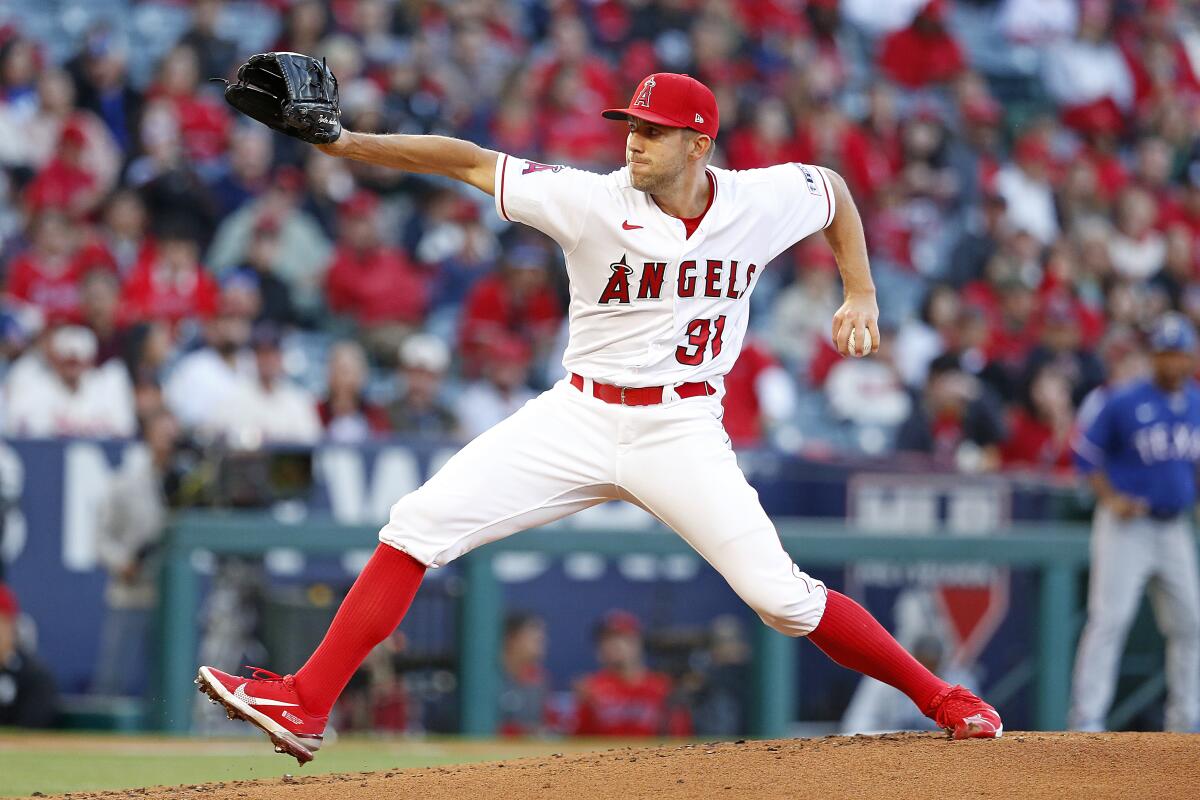 Angels starter Tyler Anderson pitches against the Texas Rangers on May 5, 2023.