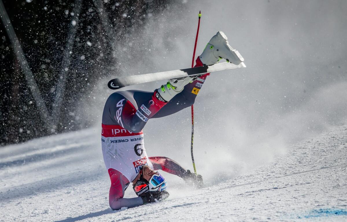 U.S. skier Bode Miller crashes during the men's super-G race Thursday in Beaver Creek, Colo.