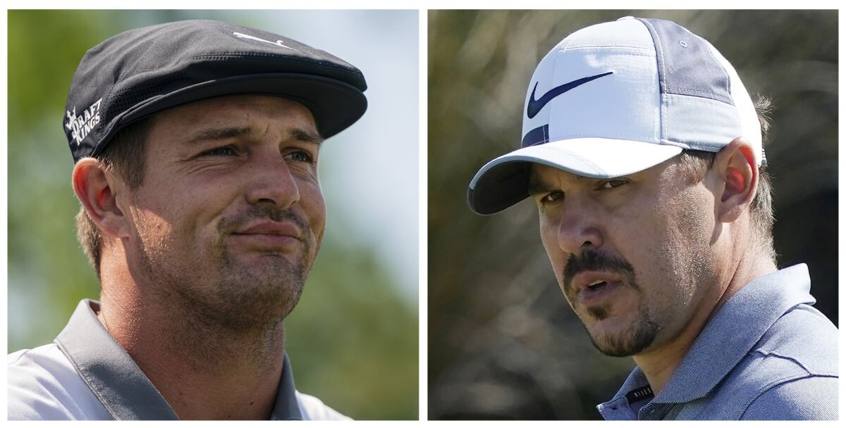 FILE- This combo of 2021 file photos show golfers Bryson DeChambeau, left, and and Brooks Koepka. While the 2020 U.S. Ryder Cup team includes DeChambeau and Koepka, who have made their dislike for each other abundantly clear over the last few months. The pandemic-delayed 2020 Ryder Cup returns the United States next week at Whistling Straits along the Wisconsin shores of Lake Michigan. (AP Photo/File)