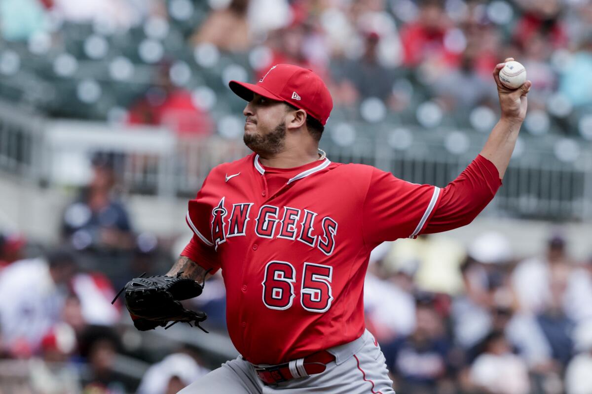 Angels pitcher José Quijada delivers against the Atlanta Braves on July 24.