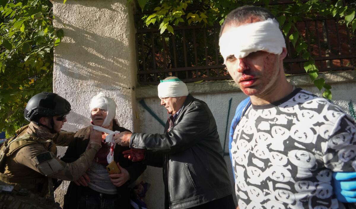 Injured people with bandaged heads