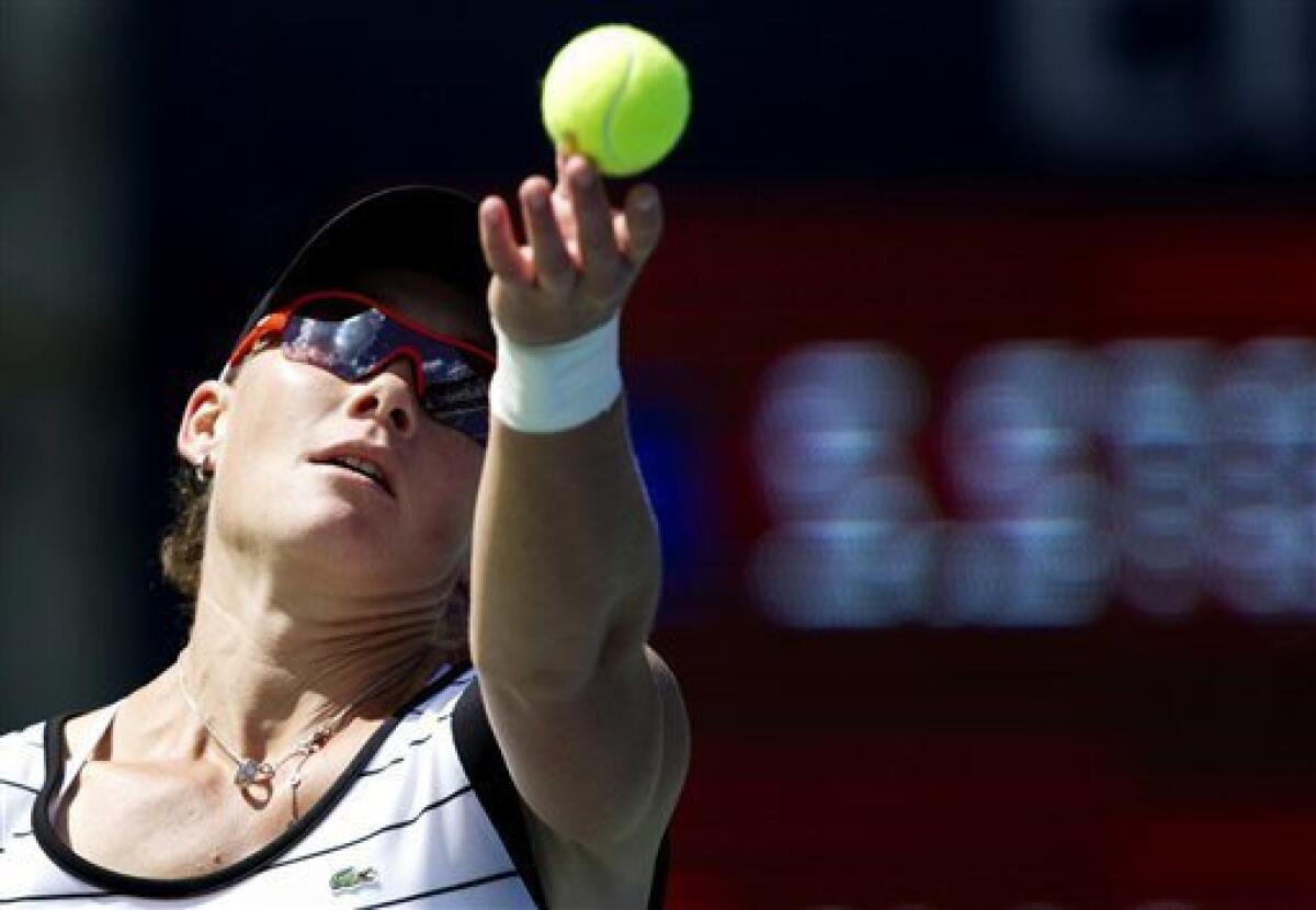 Samantha Stosur of Australia, serves during her match against Li Na of China, at the Rogers Cup women's tennis tournament in Toronto, Thursday, Aug. 11, 2011. Stosur won 6-2, 6-4. (AP Photo/The Canadian Press, Darren Calabrese)
