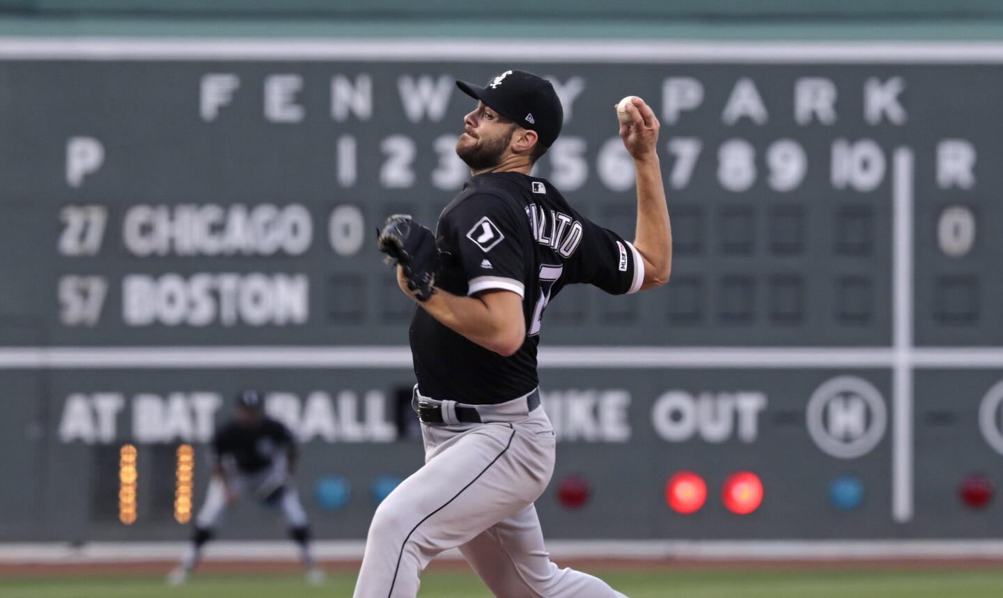 White Sox starting pitcher Lucas Giolito delivers during the first inning of game against the Red Sox at Fenway Park on June 24, 2019.
