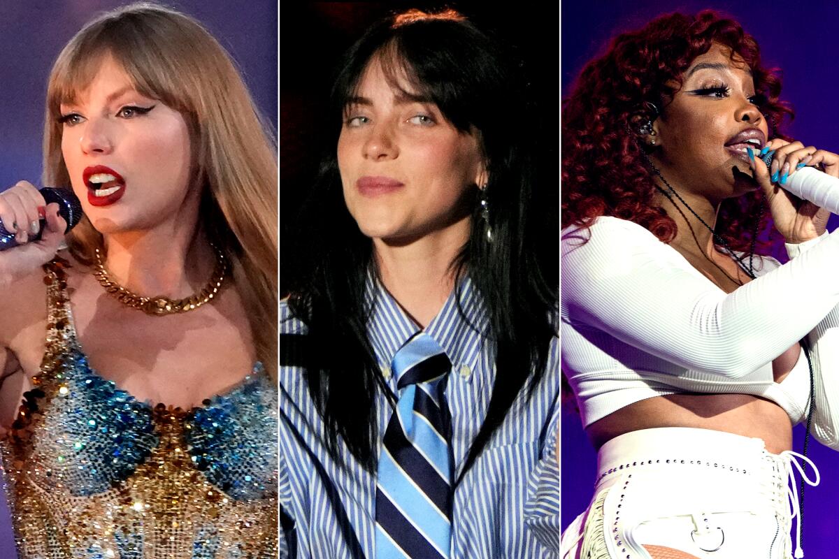 Taylor Swift, Billie Eilish and SZA in separate photos