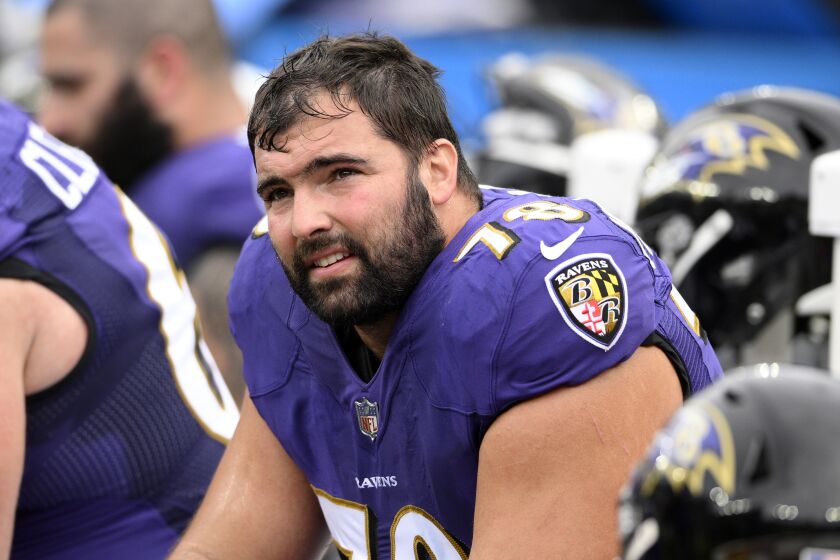 Baltimore Ravens offensive tackle Alejandro Villanueva (78) looks on from the bench during the first half of an NFL football game against the Los Angeles Rams, Sunday, Jan. 2, 2022, in Baltimore. (AP Photo/Nick Wass)