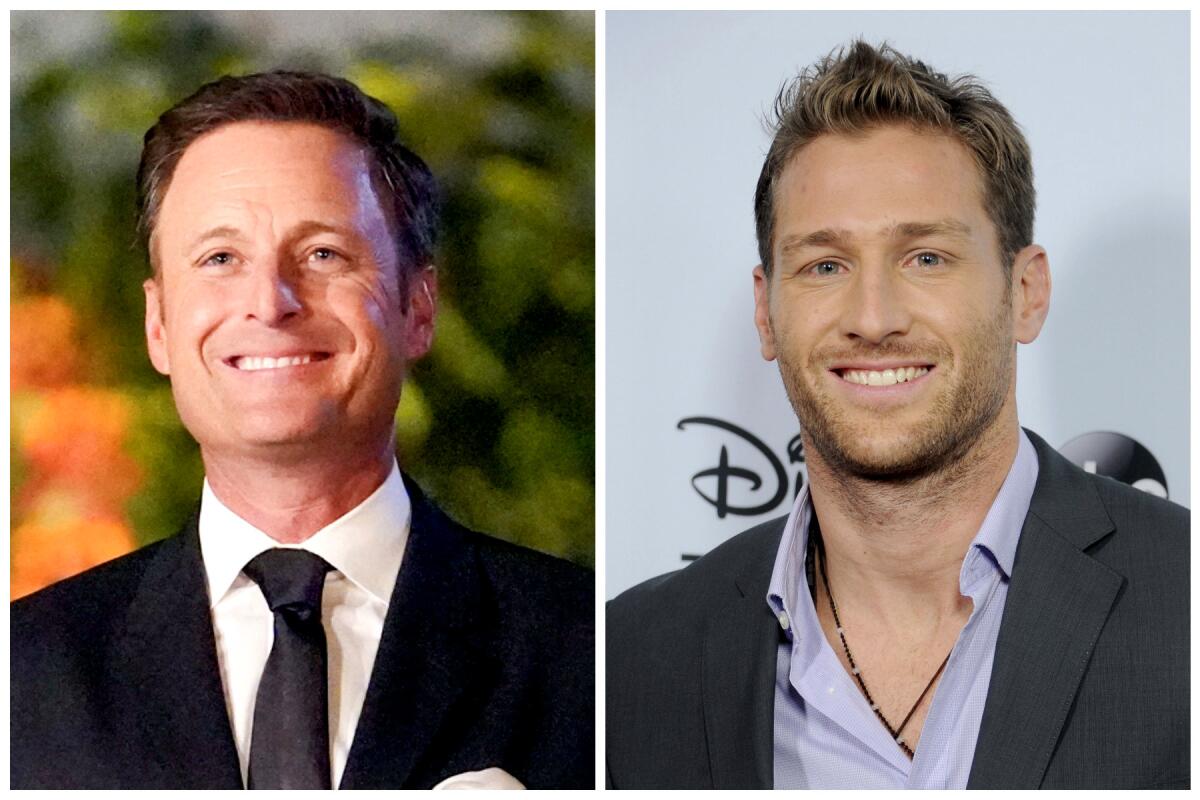  Chris Harrison, left, and Juan Pablo Galavis smiling.