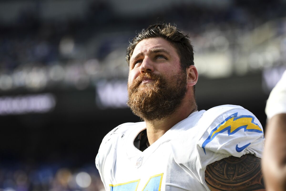 Chargers guard Matt Feiler looks on from the sideline during a loss to the Baltimore Ravens on Oct. 17.