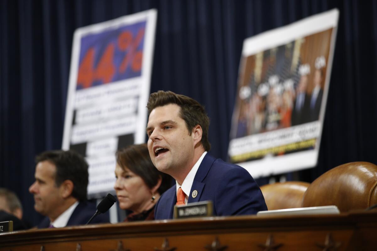 FILE - In this Dec. 11, 2019, file photo Rep. Matt Gaetz, R-Fla., gives his opening statement during a House Judiciary Committee markup of the articles of impeachment against President Donald Trump on Capitol Hill in Washington. (AP Photo/Patrick Semansky, File)