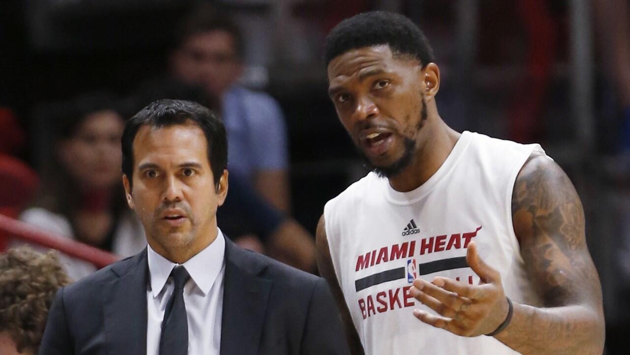 Power forward Udonis Haslem says he's at ease conferring with Heat coach Erik Spoelstra during games.
