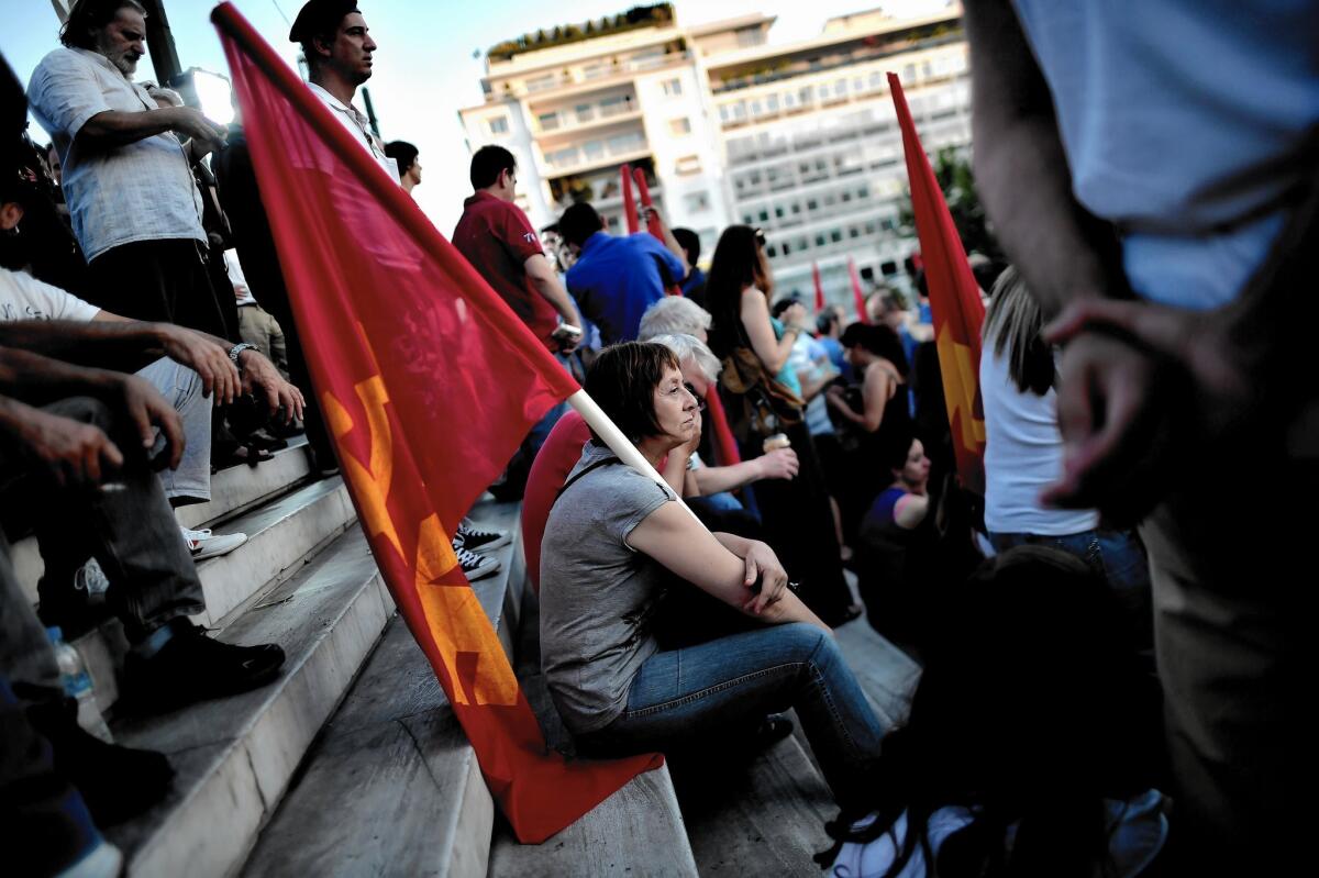 Demonstrators take part in a rally in Athens. An upcoming referendum on a bailout package for Greece has been the focus of demonstrations.