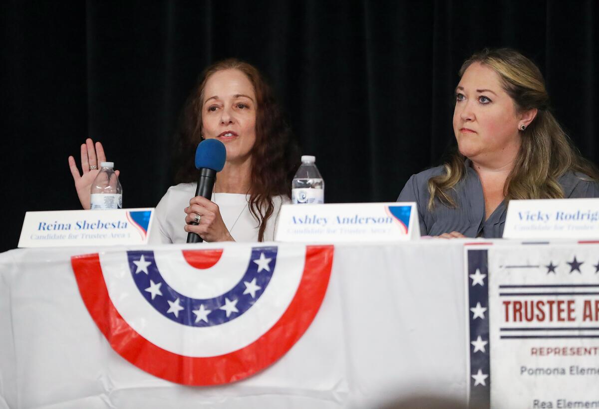 Candidates Reina Shebesta and Ashley Anderson at a Newport-Mesa Unified School District  forum Monday.