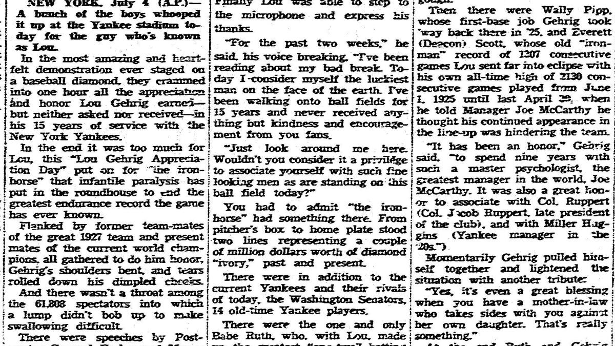 Eighty Years On, Lou Gehrig's Words Reverberate - The New York Times