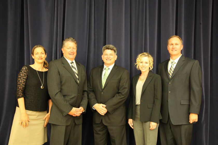 Darren Gretler, far right, was appointed to the Del Mar Union School District Board on Aug. 6. The board members are, L-R: Kristin Gibson, Doug Rafner, Scott Wooden and Erica Halpern. Courtesy photo
