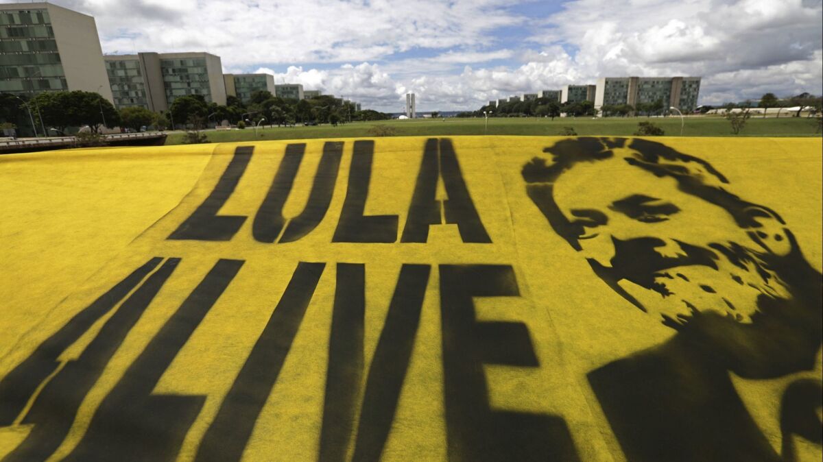 A banner in support of former Brazilian President Luiz Inacio Lula da Silva at the Esplanade of the Ministries in Brasilia, Brazil.