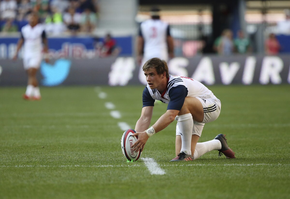 USA rugby's AJ MacGinty sets up for a conversion. (AP Photo/Steve Luciano)