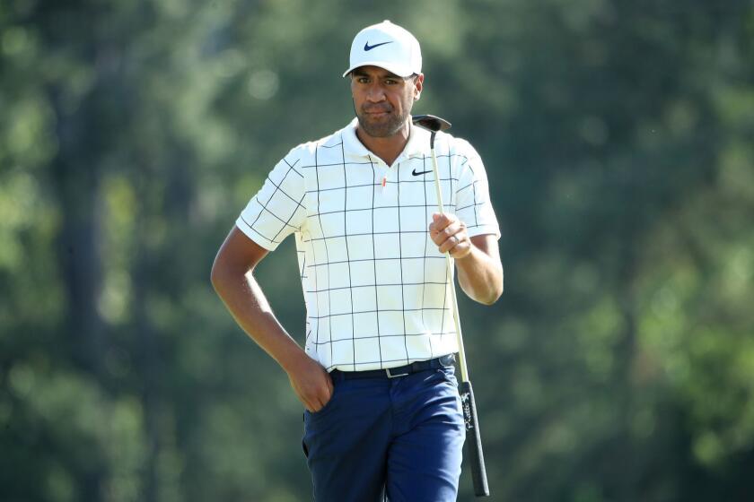 AUGUSTA, GEORGIA - APRIL 13: Tony Finau of the United States reacts on the 18th green during the third round of the Masters at Augusta National Golf Club on April 13, 2019 in Augusta, Georgia. (Photo by Andrew Redington/Getty Images) ** OUTS - ELSENT, FPG, CM - OUTS * NM, PH, VA if sourced by CT, LA or MoD **