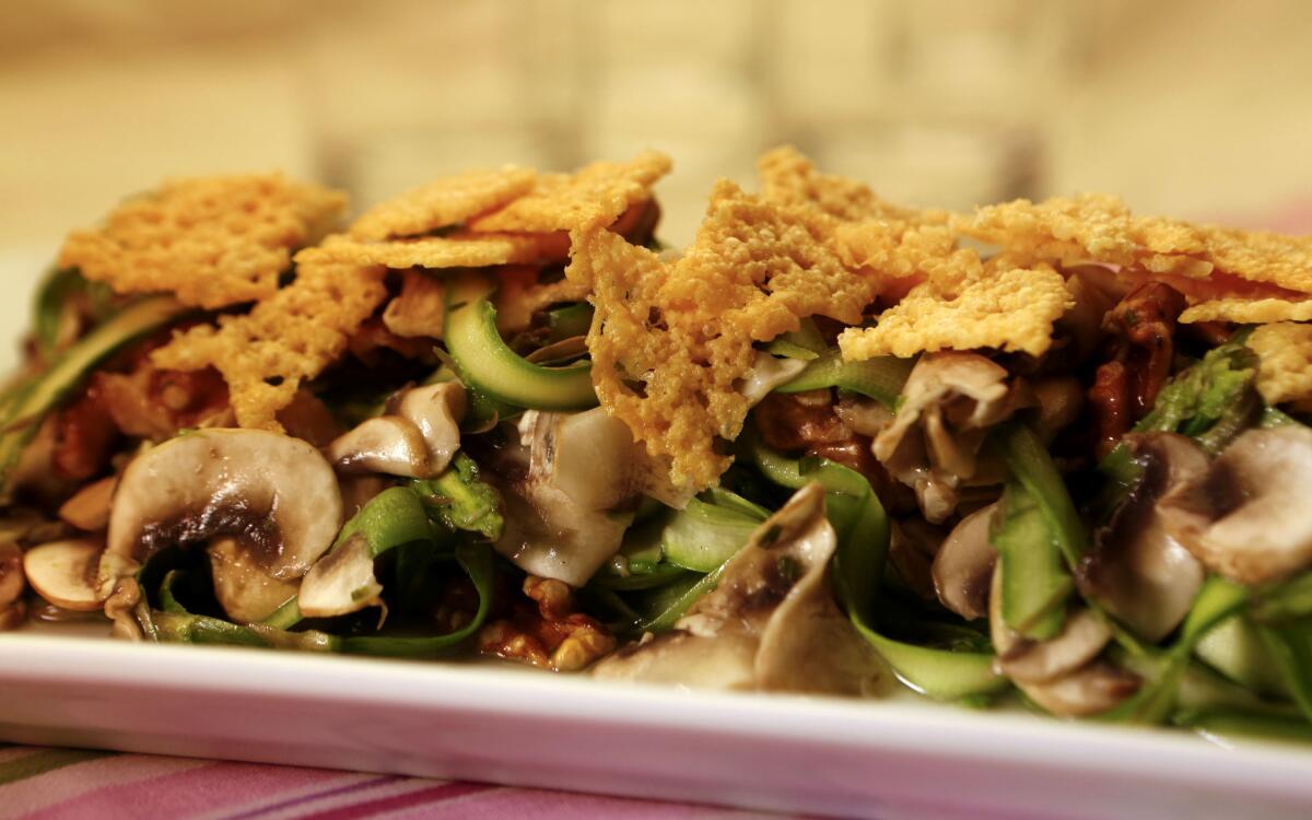 Shaved asparagus with mushrooms and Parmesan crumble