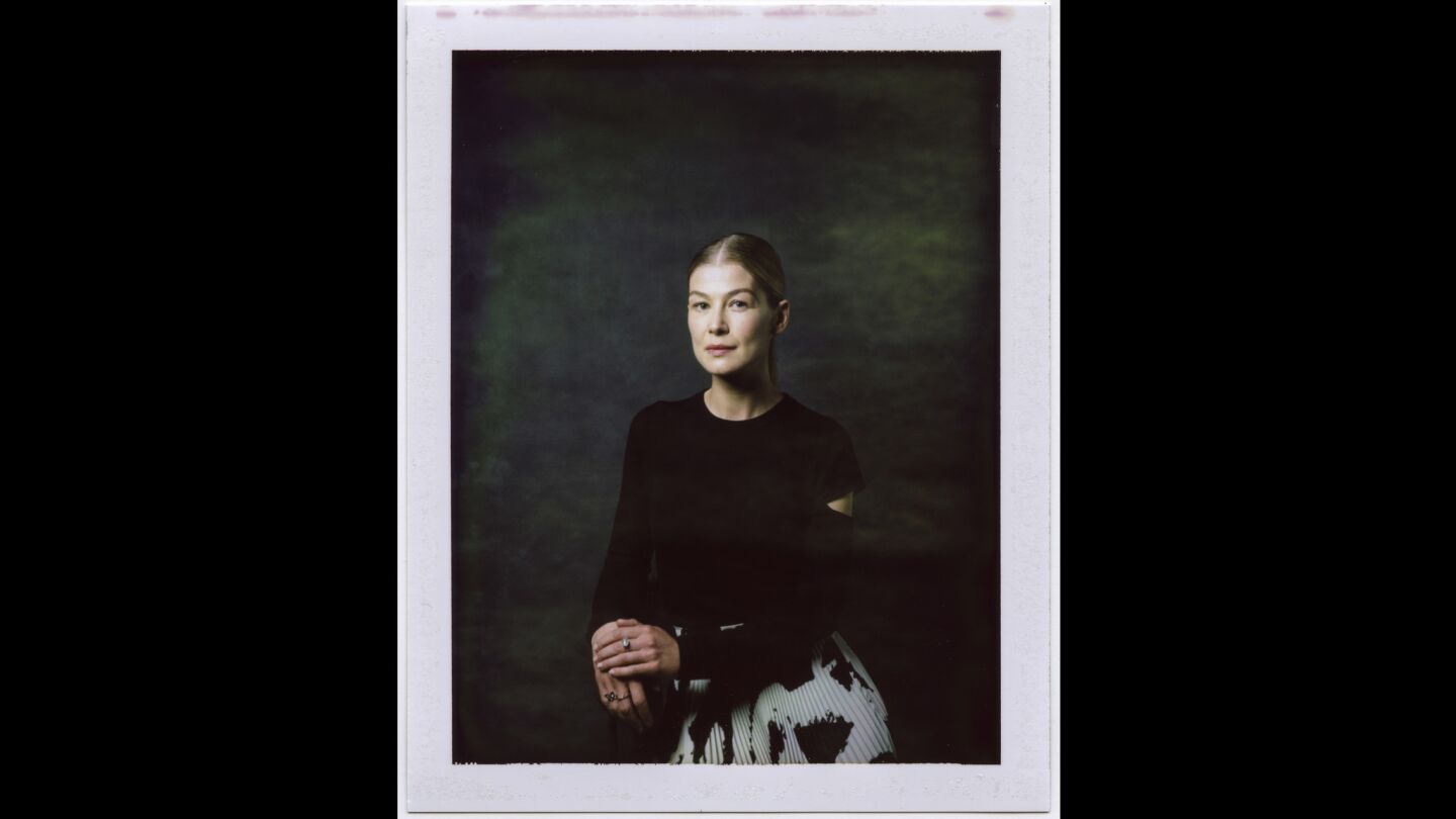 An instant print portrait of actress Rosemund Pike, from the film "Hostiles.”