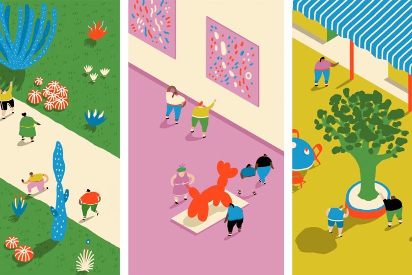 The Huntington, The Broad and the famers market illustrated in bright colors.