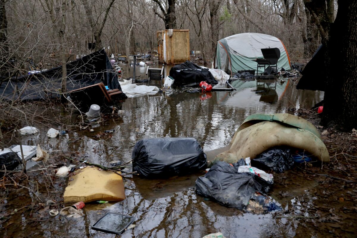 A flooded homeless encampment on Bannon Island, along the Sacramento River on Wednesday in Sacramento.