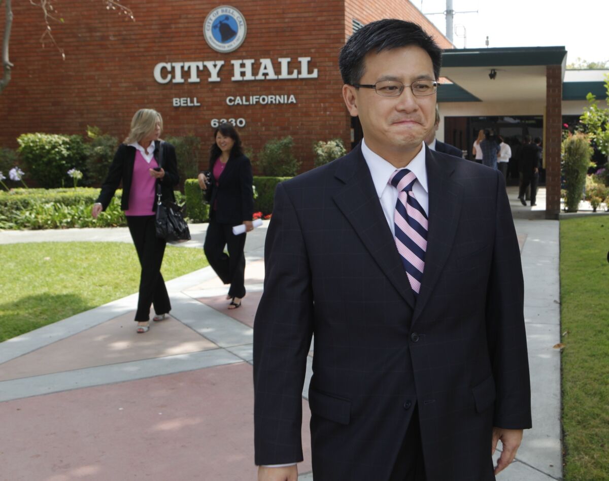 State Controller John Chiang in front of Bell City Hall in 2010. A new audit by Chiang's office showed the city is on the path to "fiscal crisis."