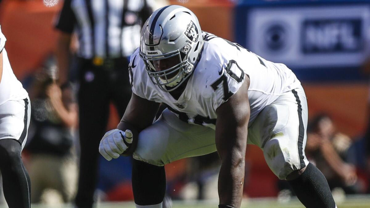 Oakland Raiders offensive tackle Kelechi Osemele (70) lines up against the Denver Broncos.