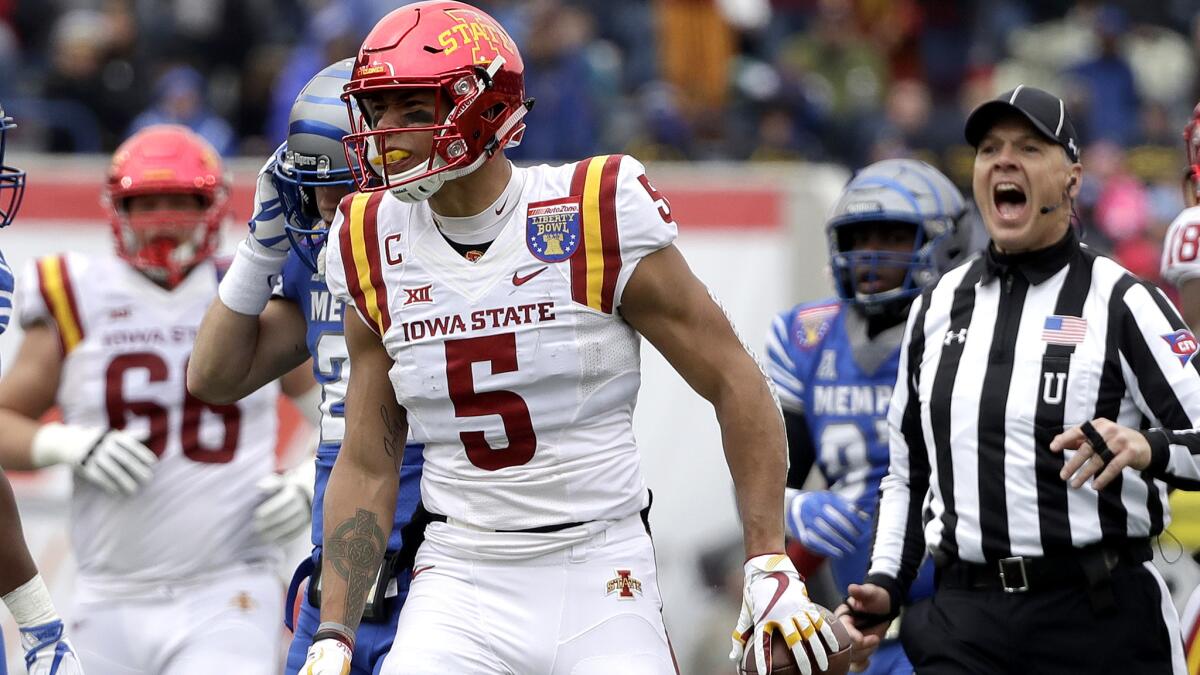 Iowa State wide receiver Allen Lazard heads back to the huddle after making a reception against Memphis during the first half Saturday.