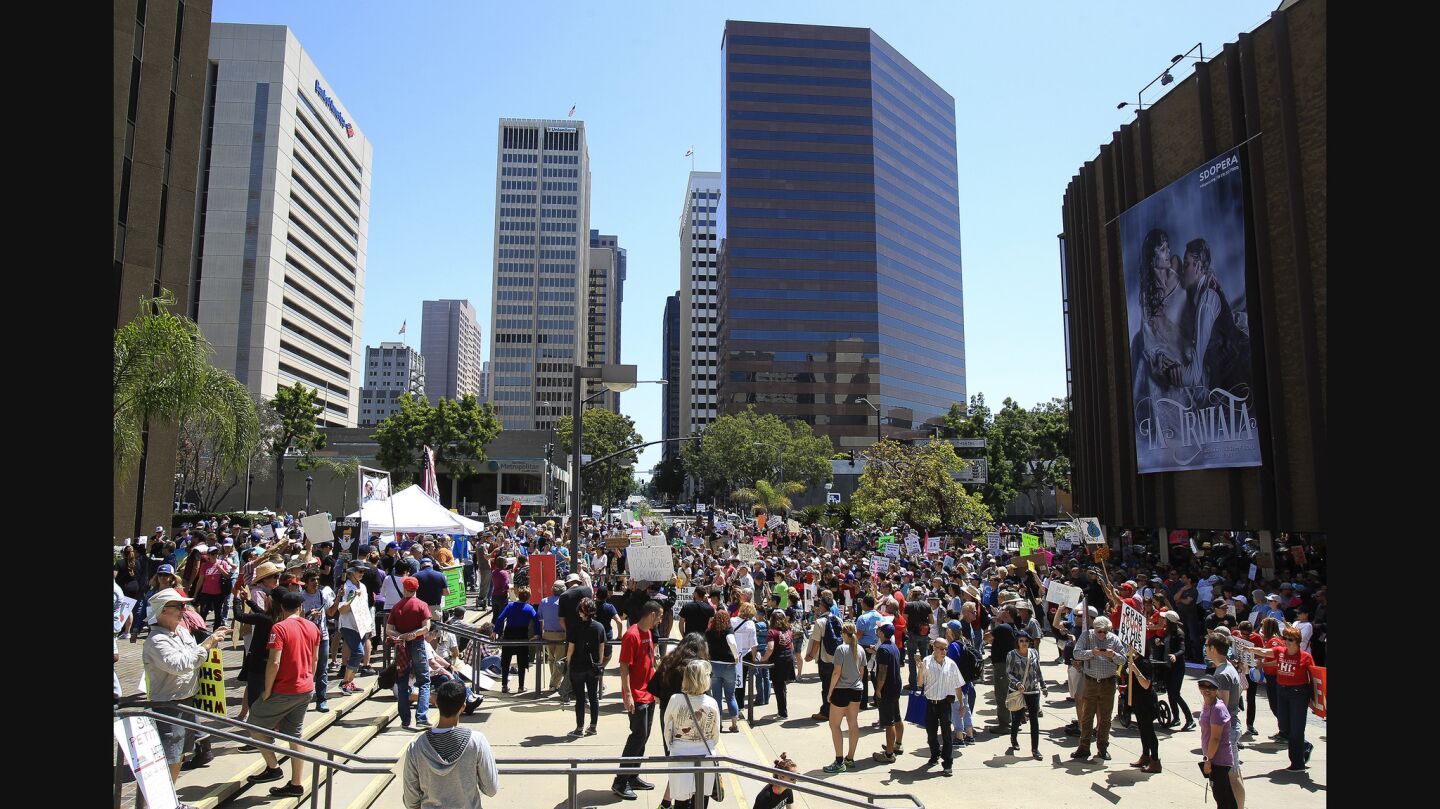 Protesters end their march at the Civic Center Plaza.