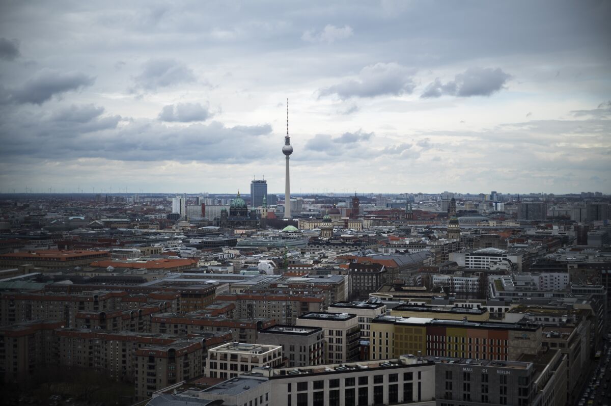 The Berlin TV Tower stands out in the center of Berlin, Friday, March 24, 2023. Voters in Berlin go to the polls this weekend to decide on a proposal that would force the city government to drastically ramp up the German capital’s climate goals. Sunday's referendum, which has attracted considerable financial support from U.S.-based philanthropists, calls for Berlin to become climate neutral by 2030, meaning that within less than eight years the city would not be allowed to contribute further to global warming. (AP Photo/Markus Schreiber)