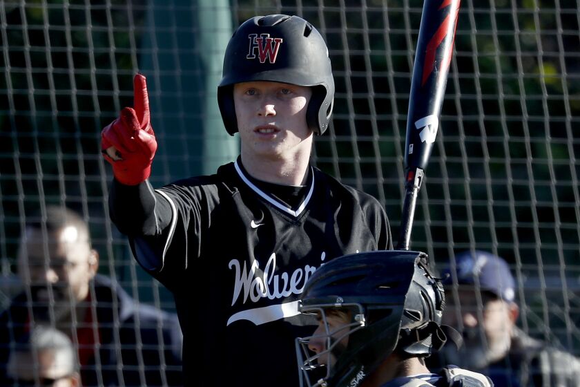 ENCINO, CALIF. - FEB. 19, 2019. Harvard-Westlake outfielder Pete Crow-Armstrong bats against Birmingham during a game on Tuesday, Feb. 19, 2019. (Luis Sinco/Los Angeles Times)