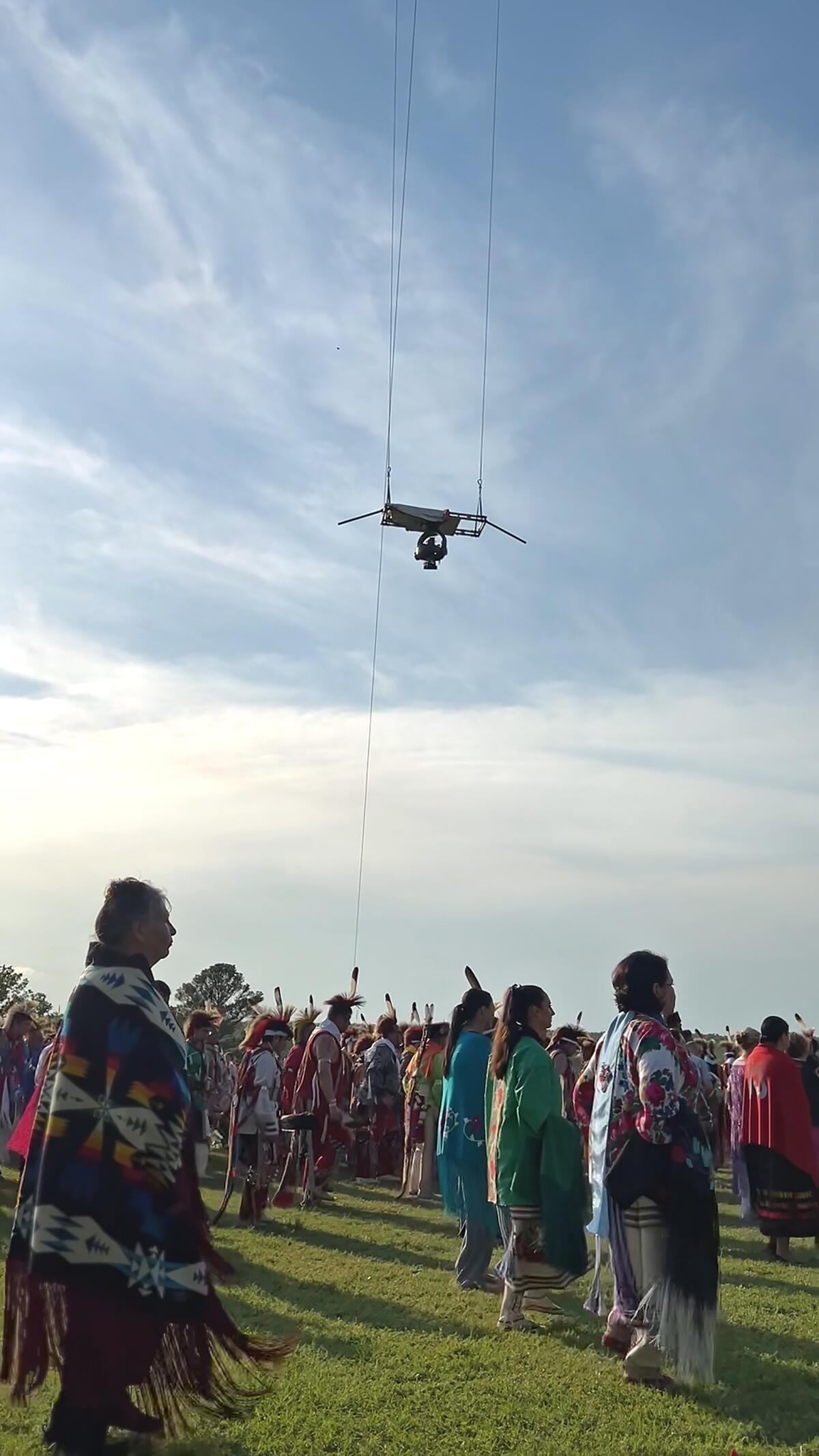 A drone takes aerial shots of the Osage ceremonial dance that closes out “Killers of the Flower Moon.”