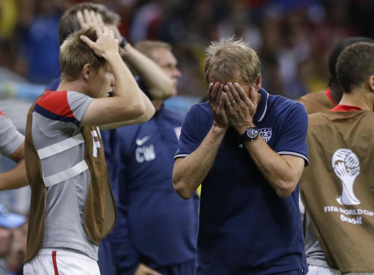 Jurgen Klinsmann reacts during the U.S.' World Cup round-of-16 soccer match against Belgium on July 1, 2014.