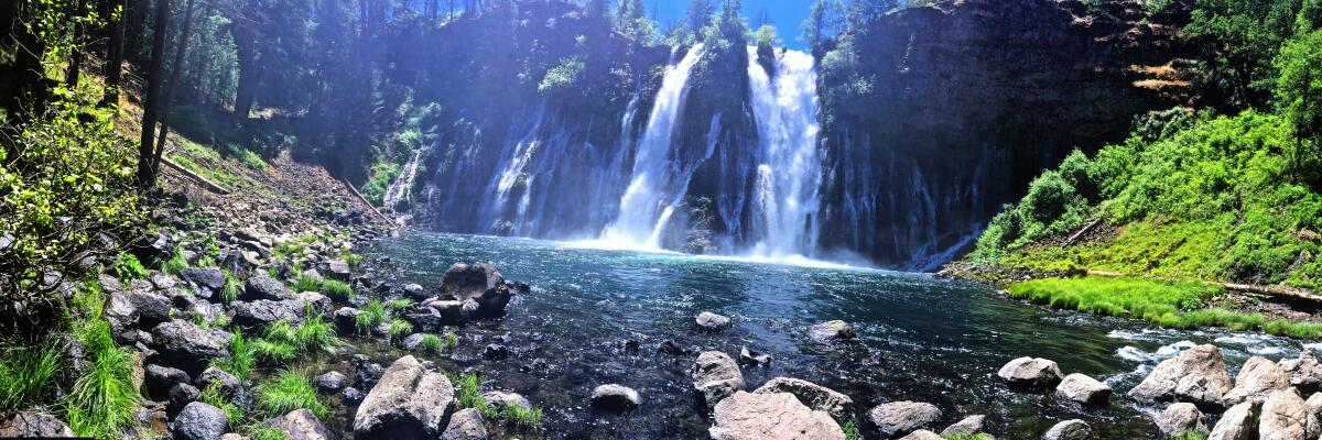 Burney Falls spills into a pool of water with large rocks and plants.