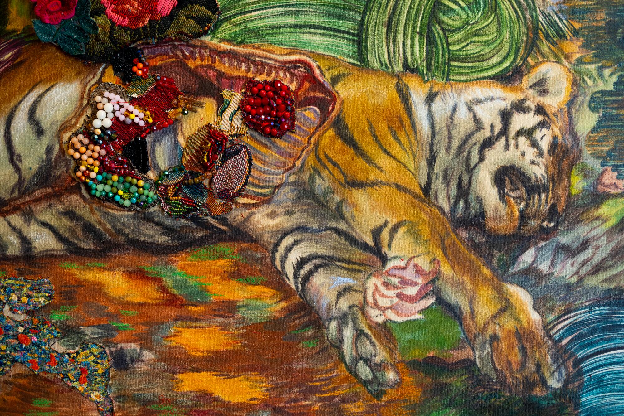 Pérolas caindo de uma pintura de um tigre dissecado 