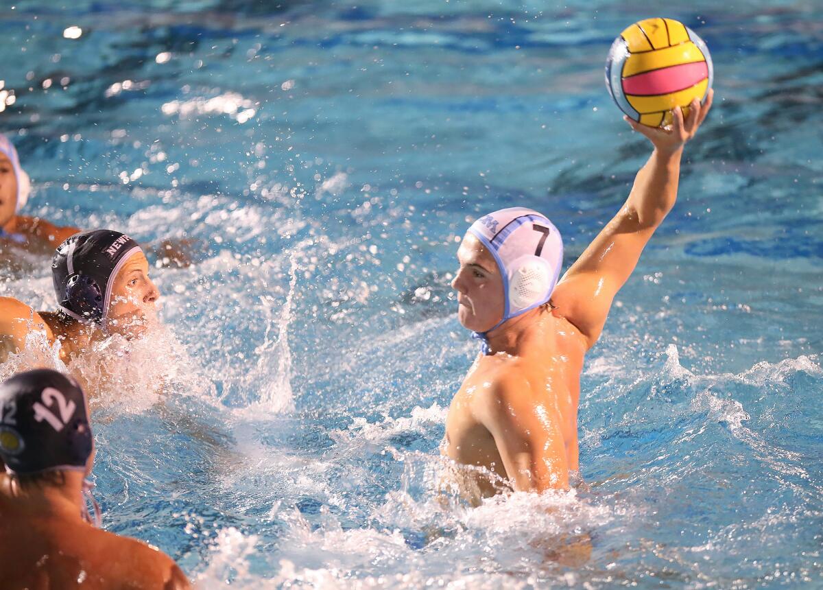 Corona del Mar's Tanner Pulice unleashes a shot and scores in the Battle of the Bay match against Newport Harbor on Wednesday.