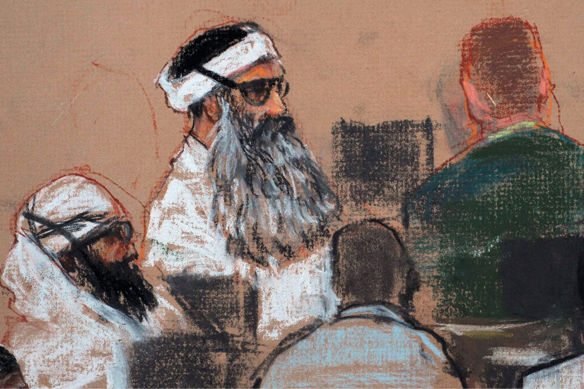 A courtroom drawing depicts two bearded men, one wearing glasses 
