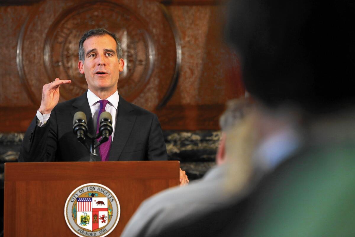 Los Angeles Mayor Eric Garcetti speaks at a news conference on the Police Commission's decision regarding the two officers involved in the Ezell Ford case.