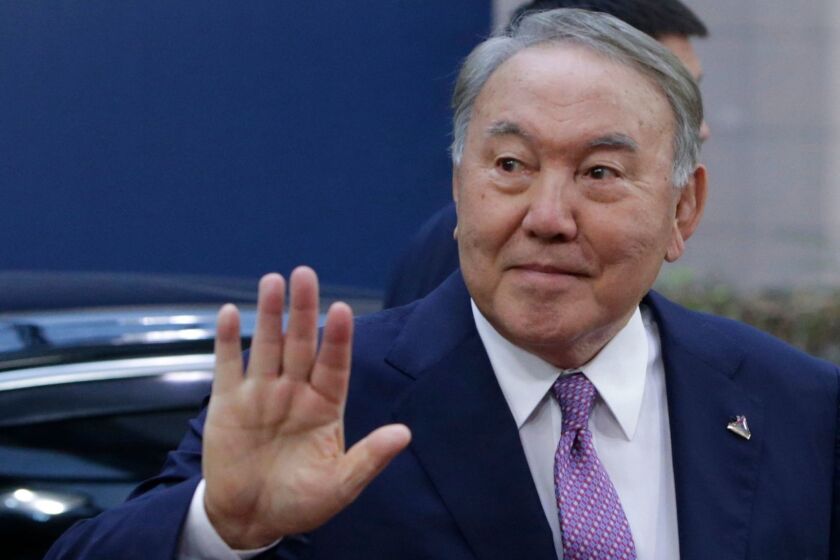 (FILES) In this file photo taken on October 19, 2018 Kazakhstan's President Nursultan Nazarbayev waves as he arrives for a Asia Europe Meeting (ASEM) at the European Council in Brussels. - Kazakhstan President Nursultan Nazarbayev announced his shock resignation on March 19, 2019, 29 years after taking office. (Photo by Aris Oikonomou / AFP)ARIS OIKONOMOU/AFP/Getty Images ** OUTS - ELSENT, FPG, CM - OUTS * NM, PH, VA if sourced by CT, LA or MoD **