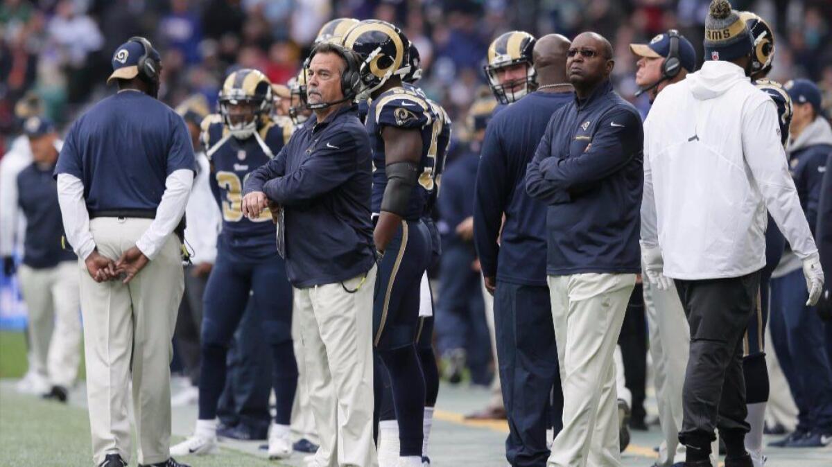 Rams Coach Jeff Fisher looks on from the sideline during L.A.'s 17-10 loss to the Giants in London on Oct. 23.