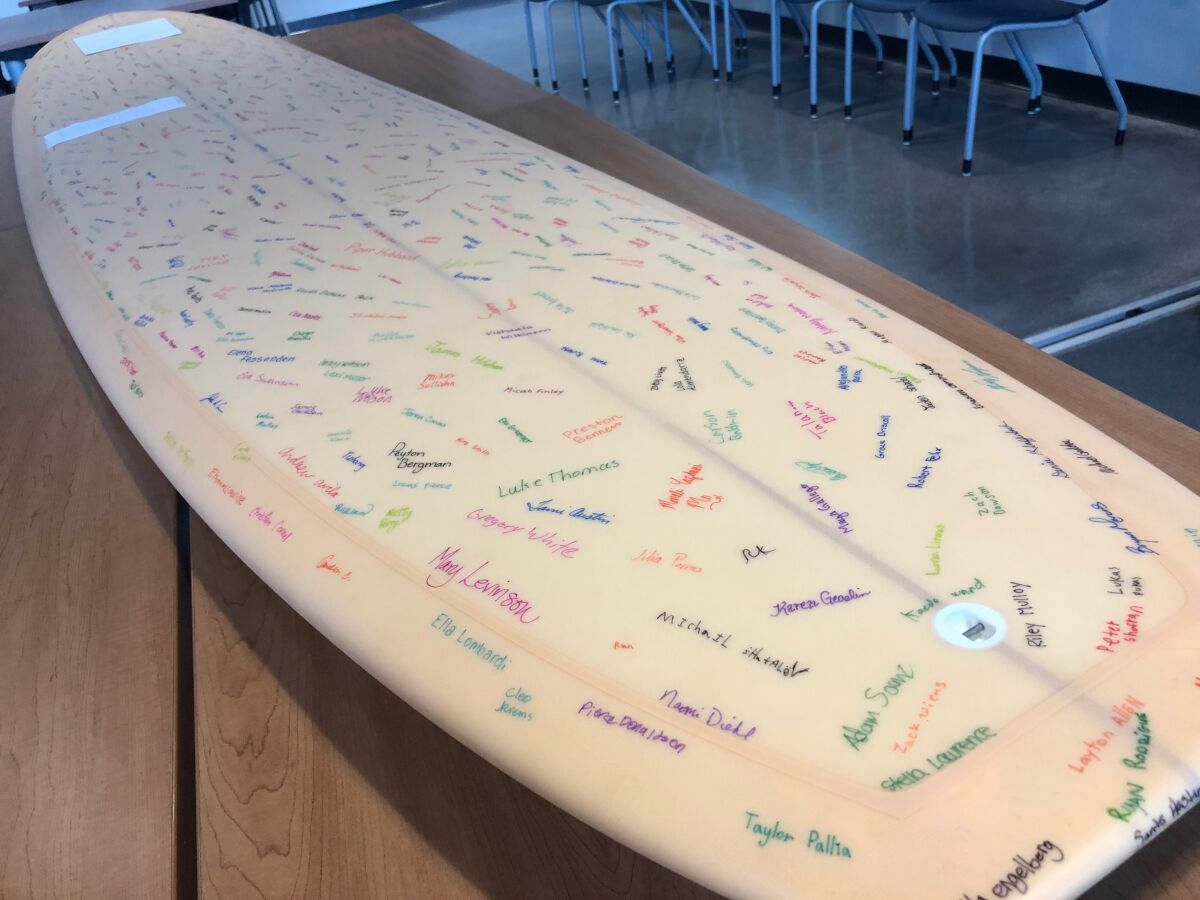 Students, school staff and parents signed a longboard as part of their No Place for Hate pledge.