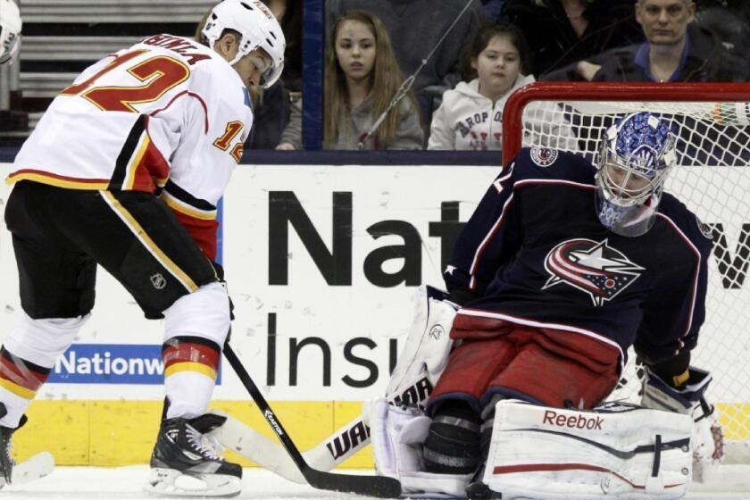 Calgary's Jarome Iginla has his shot stopped by Columbus goalie Sergi Bobrovsky in a game earlier this season.