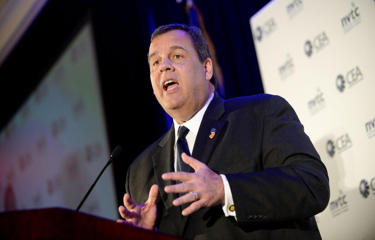 New Jersey Gov. Chris Christie addresses the Consumer Electronics Assn. in McLean, Va., on May 1.