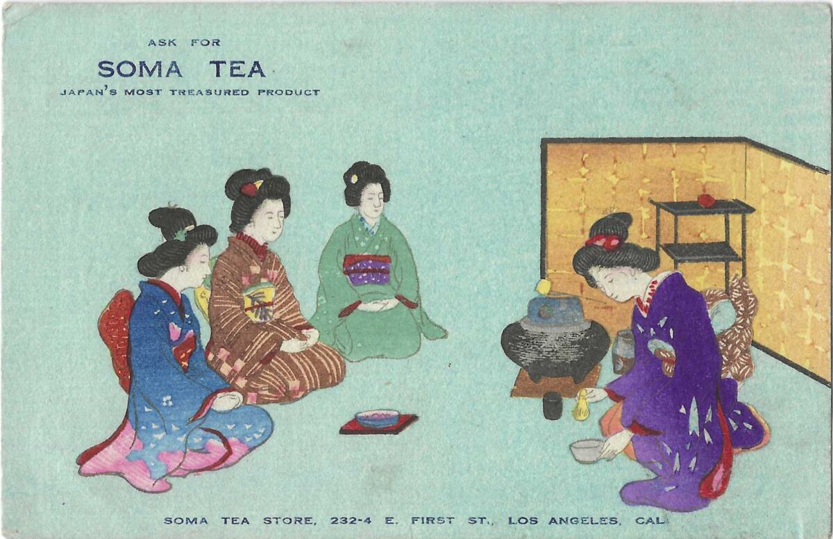 Vintage postcard shows a woman preparing tea for three others. It reads: "Ask for Soma Tea, Japan's most treasured product."